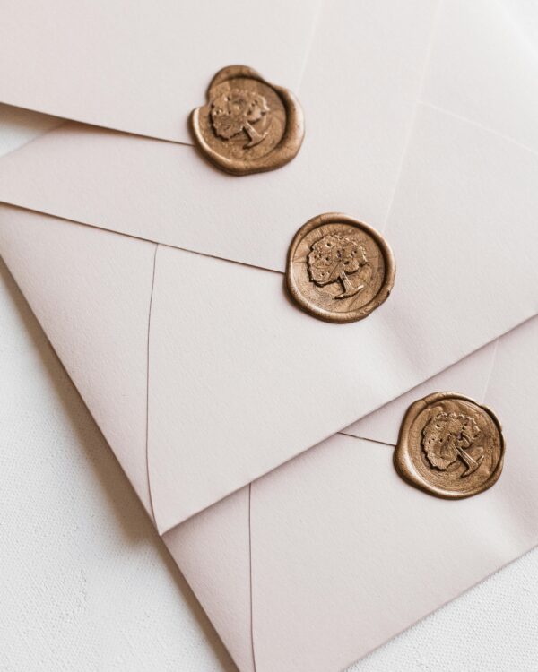 Three envelopes arranged with custom wax seals, creating a sophisticated and classic look.